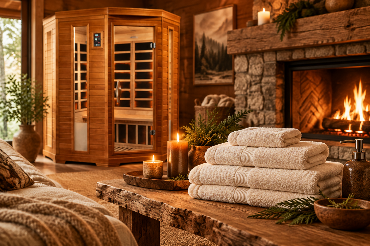 A wooden cabin-style sauna stands in a cozy lodge room beside a stone fireplace with a burning fire. In the foreground, folded white towels sit on a rustic wooden table with lit candles and greenery.
