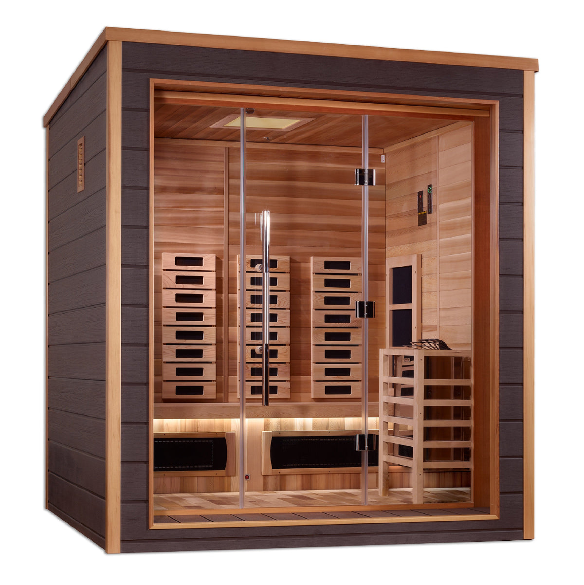 Golden Designs Visby 3 person outdoor sauna, front view, GDI-8223-01