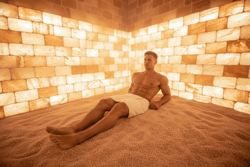 Man lying on a sand floor in a salt room with illuminated brick walls.